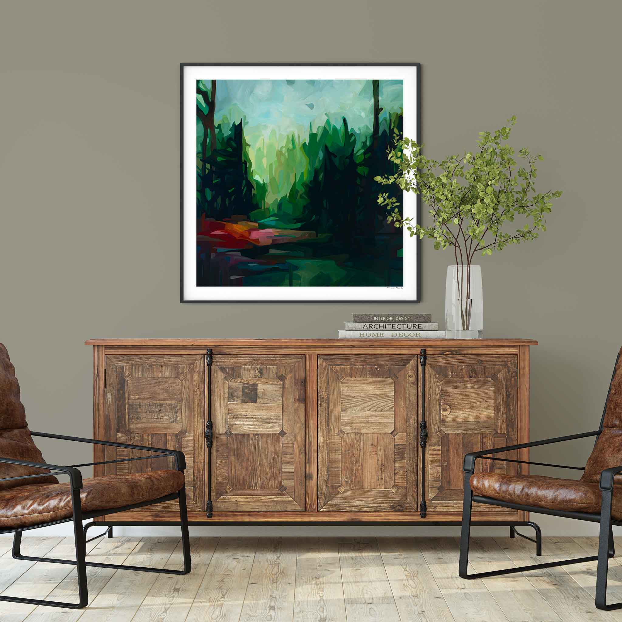 oversized emerald green abstract art print created from an acrylic forest painting hanging in a hallway