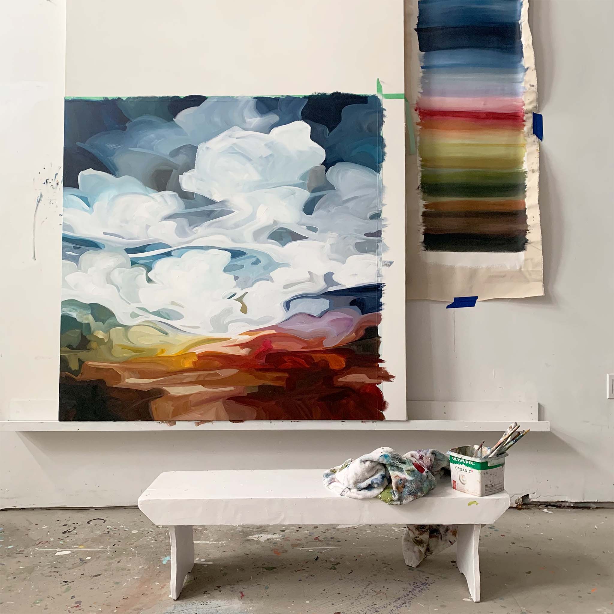 large acrylic sky painting on canvas in art studio of Susannah Bleasby Canadian abstract artist