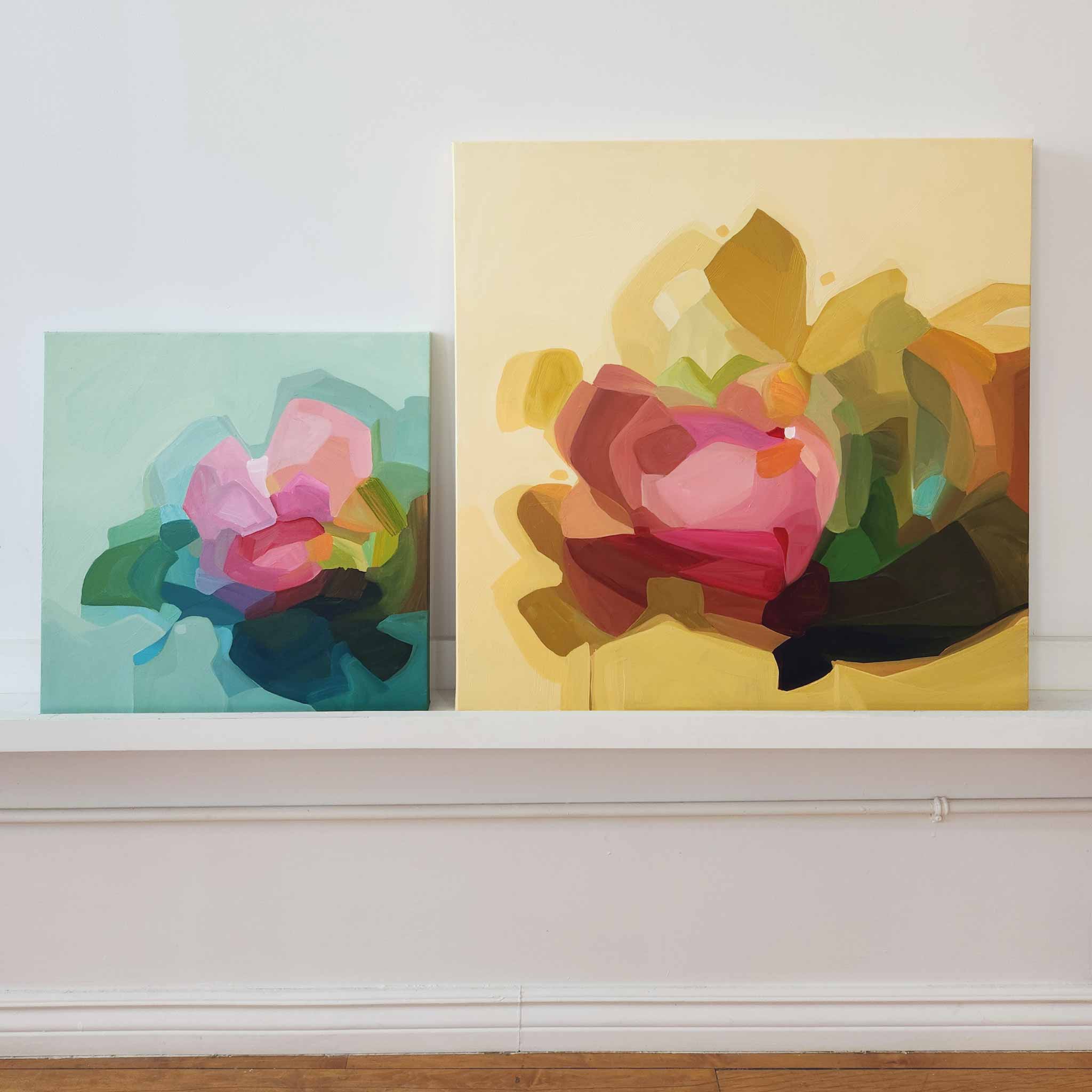 contemporary abstract yellow and green flower paintings