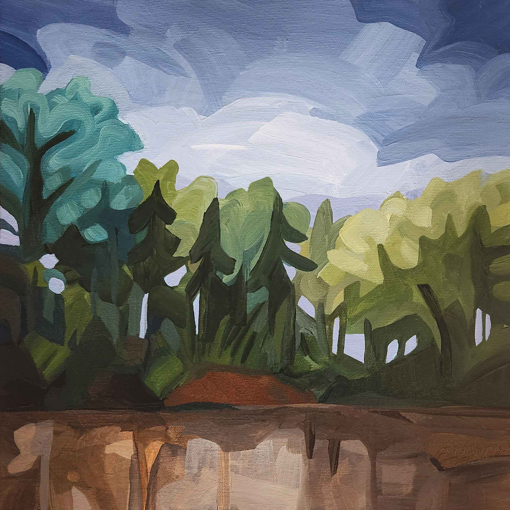 acrylic landscape painting abstract forest with blue sky