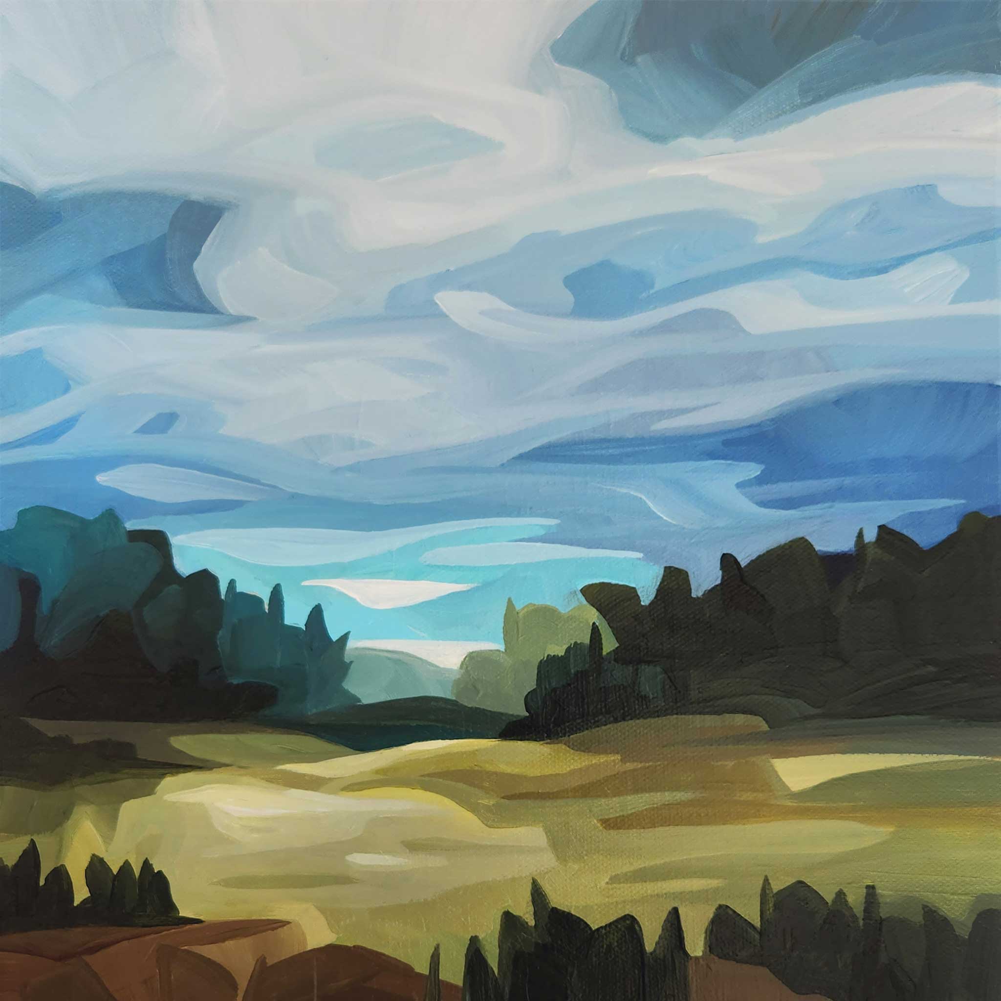 abstract acrylic painting of a countryside landscape under a blue breezy sky