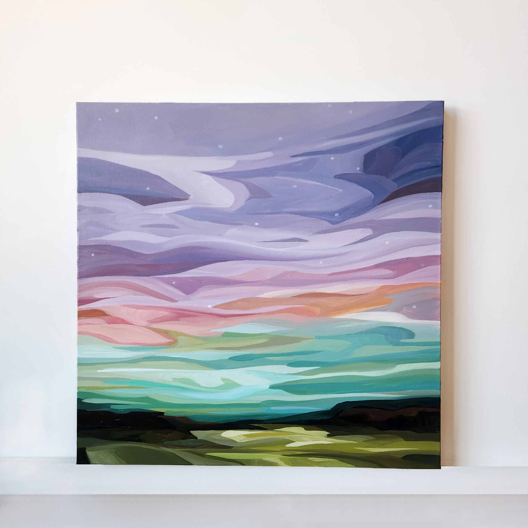 abstract landscape painting with pastel sunset sky