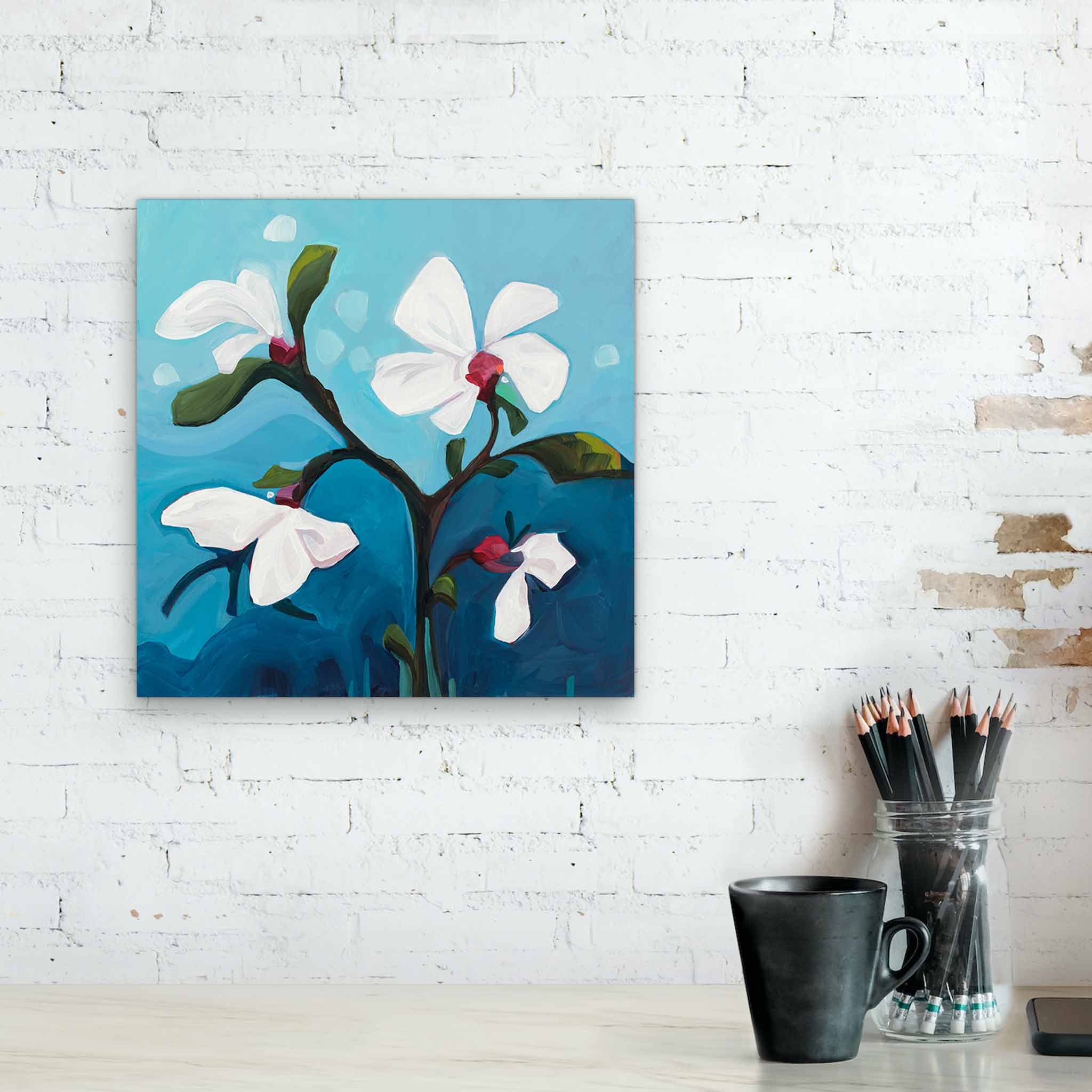 acrylic flower painting bright blue