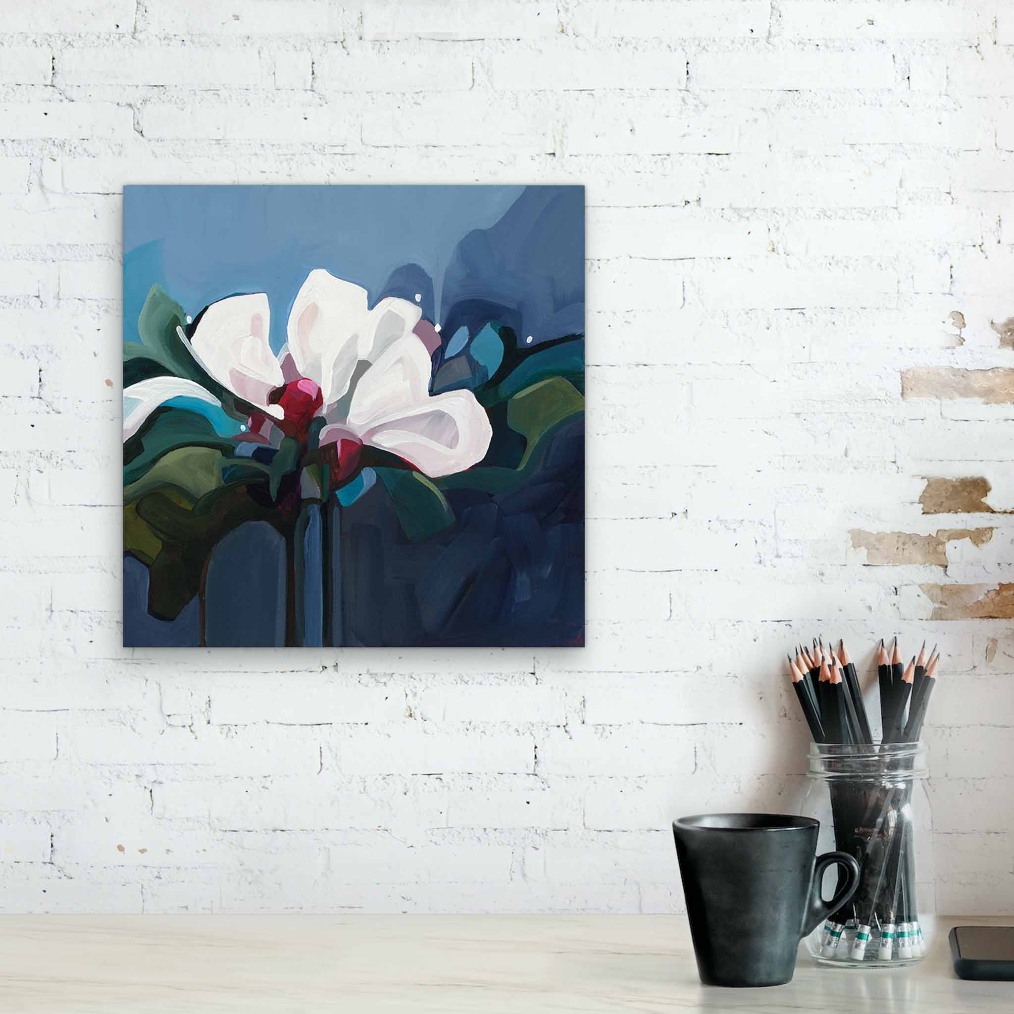 acrylic flower painting dark blue