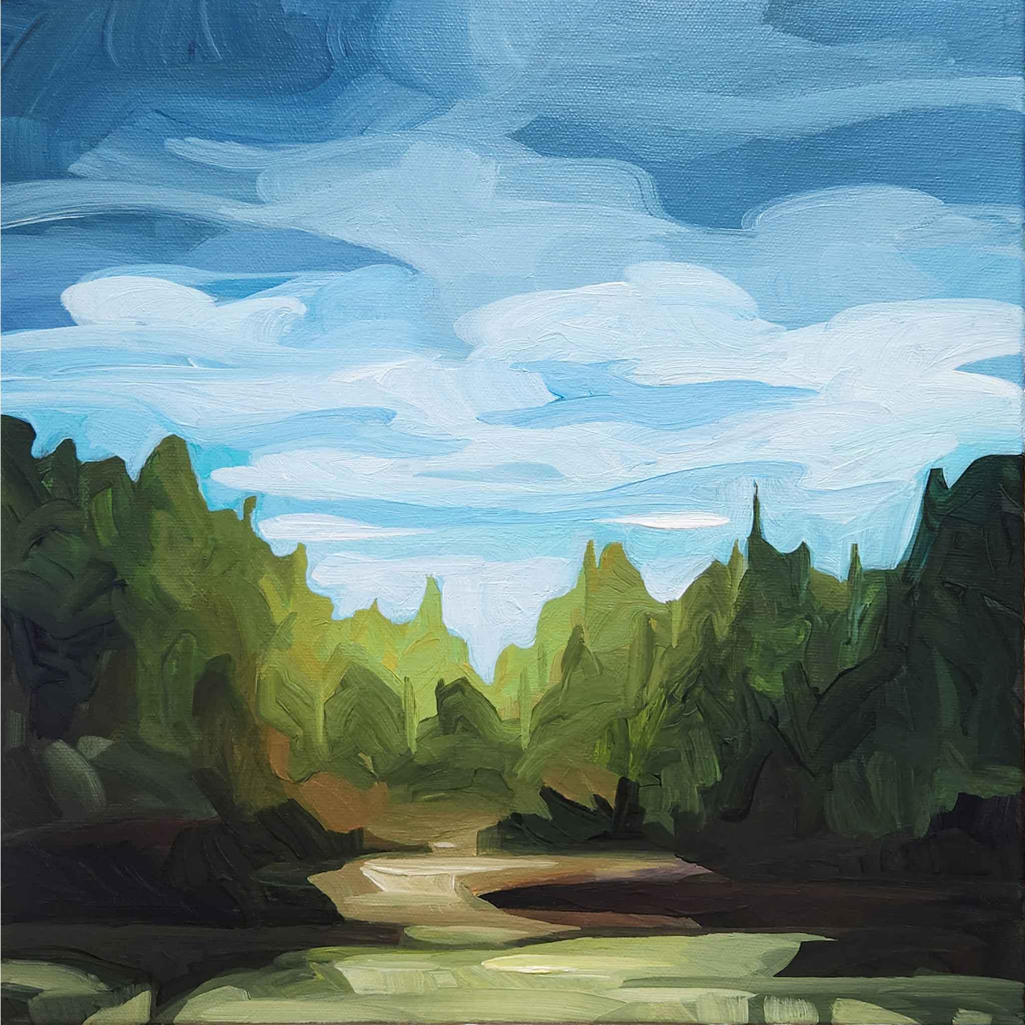 small acrylic forest painting with blue sky and pine forest