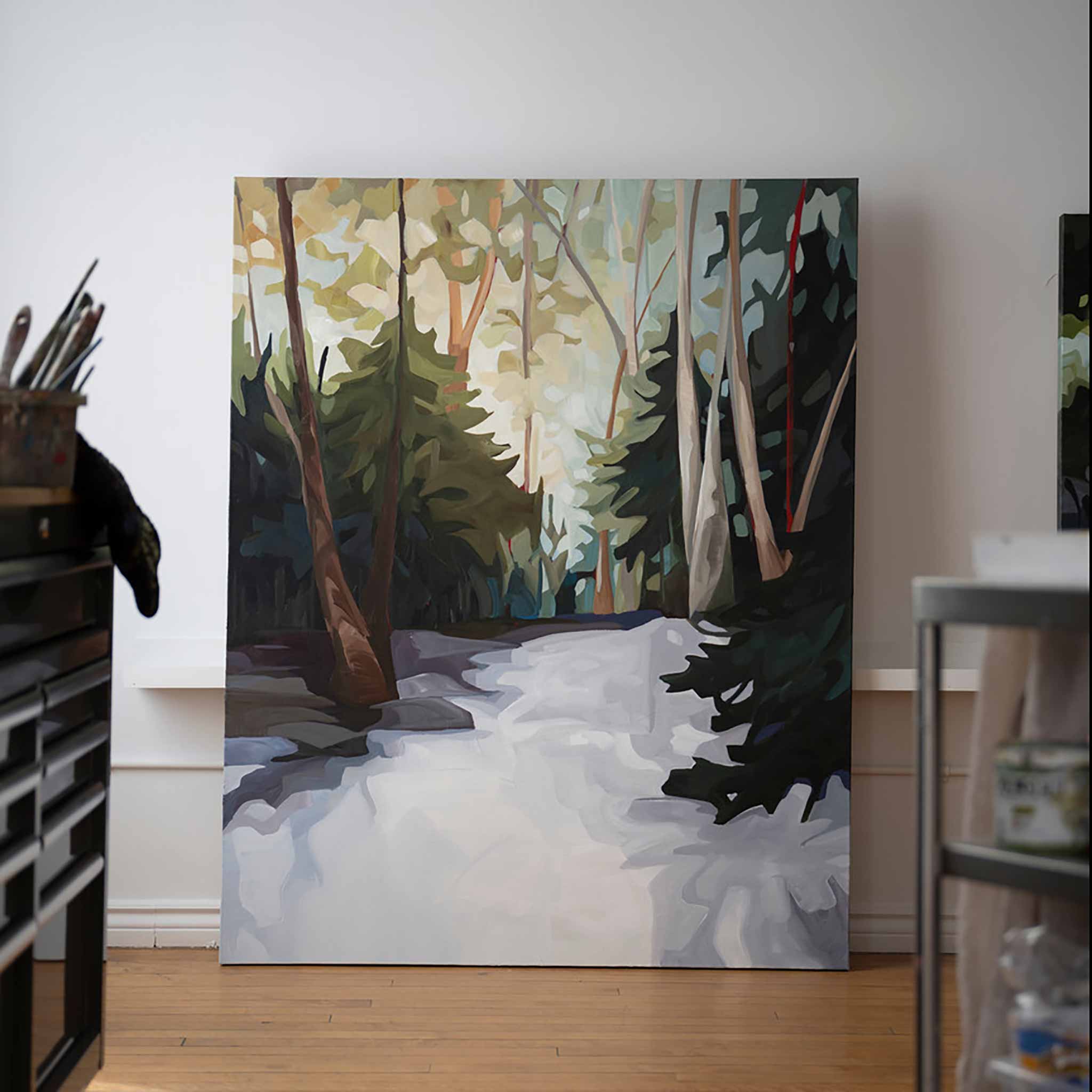 large original art abstract forest painting of rockwood in studio