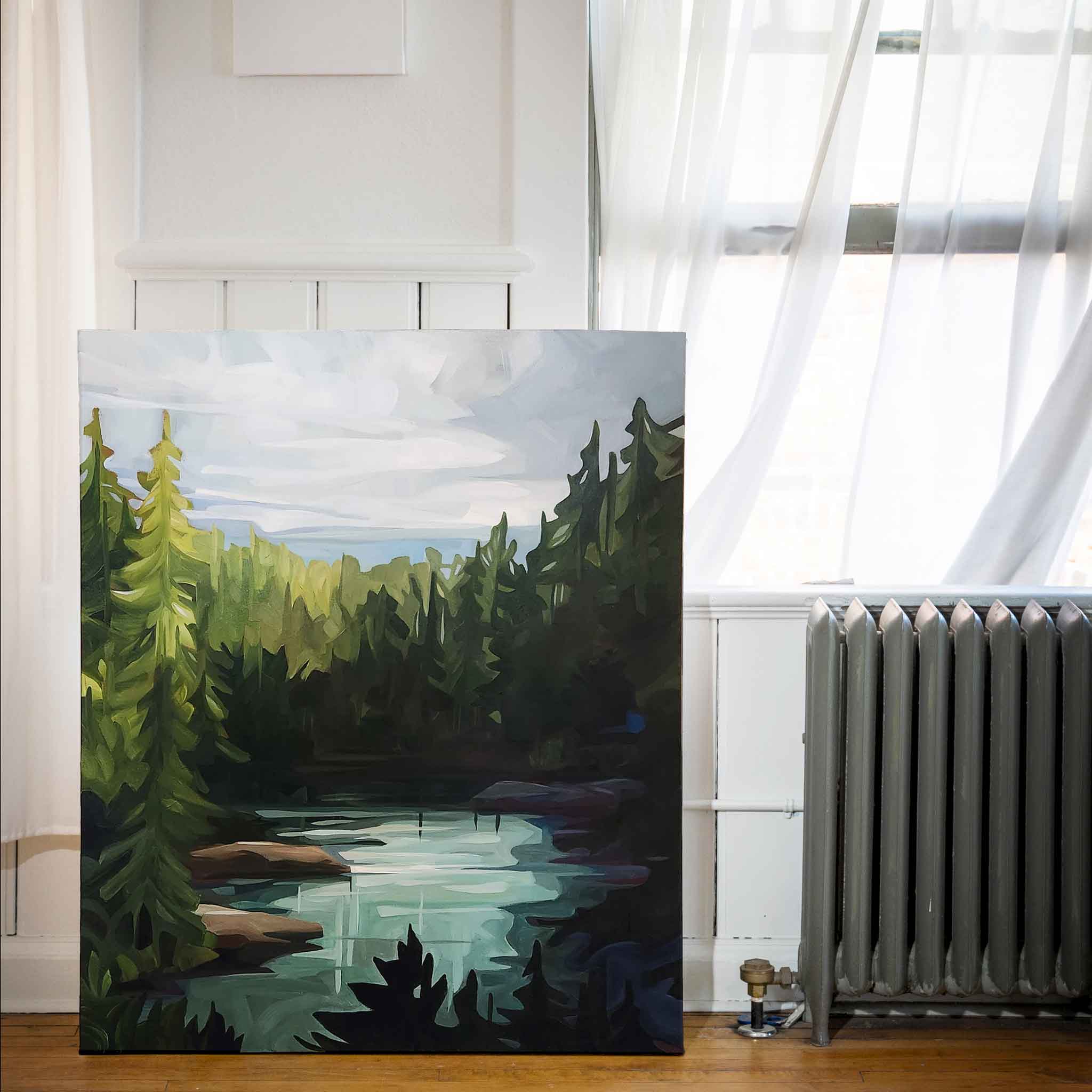 acrylic forest painting of Westlake in studio