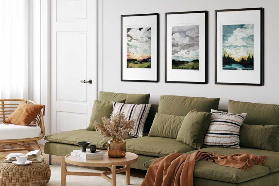 colorful abstract sky painting prints hanging on living room art wall