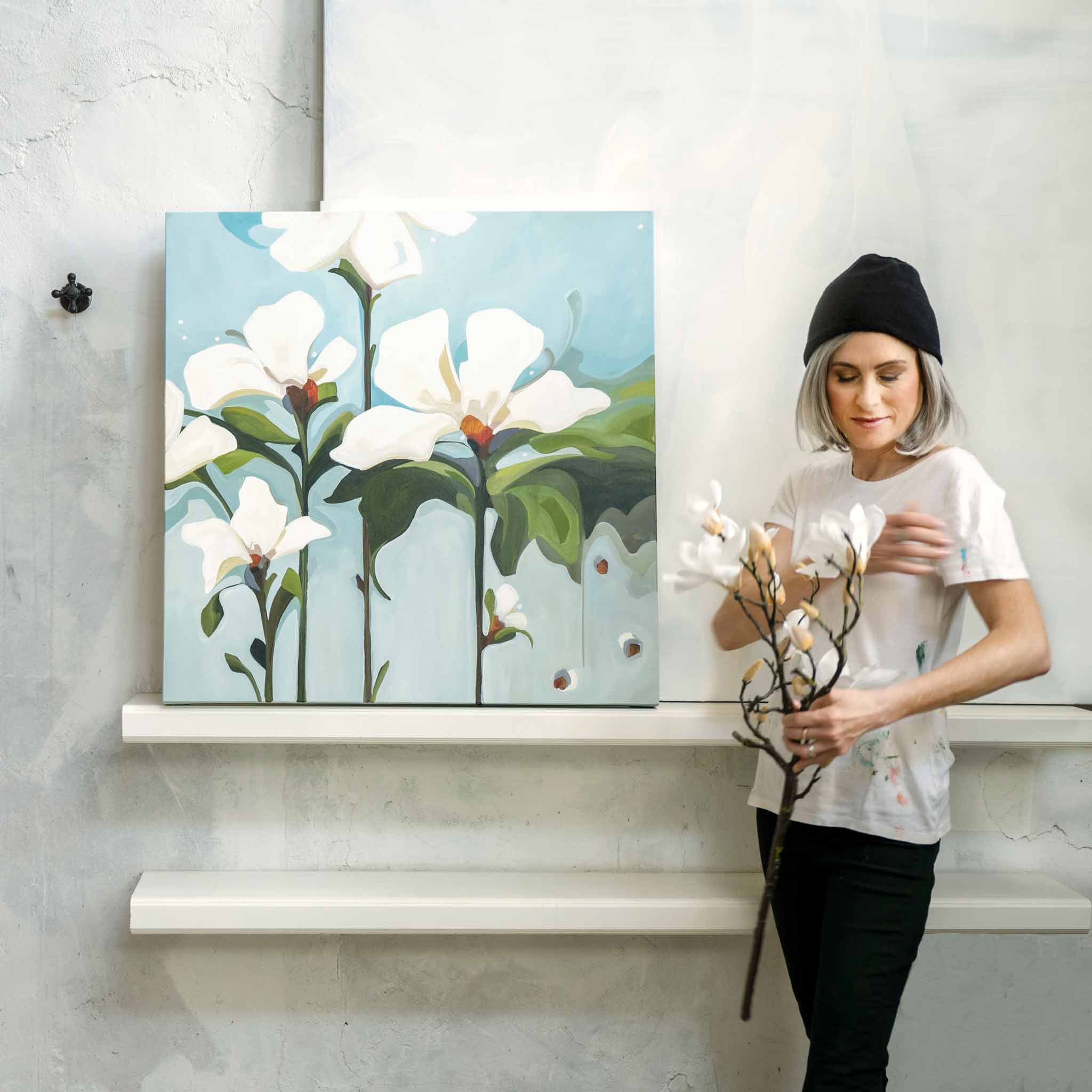 grey blue flower painting