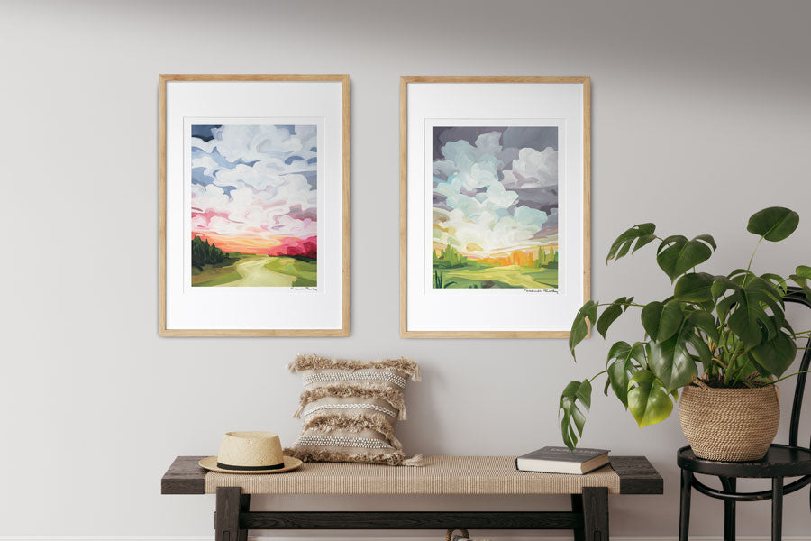 colorful abstract sky painting prints hanging on hallway art wall