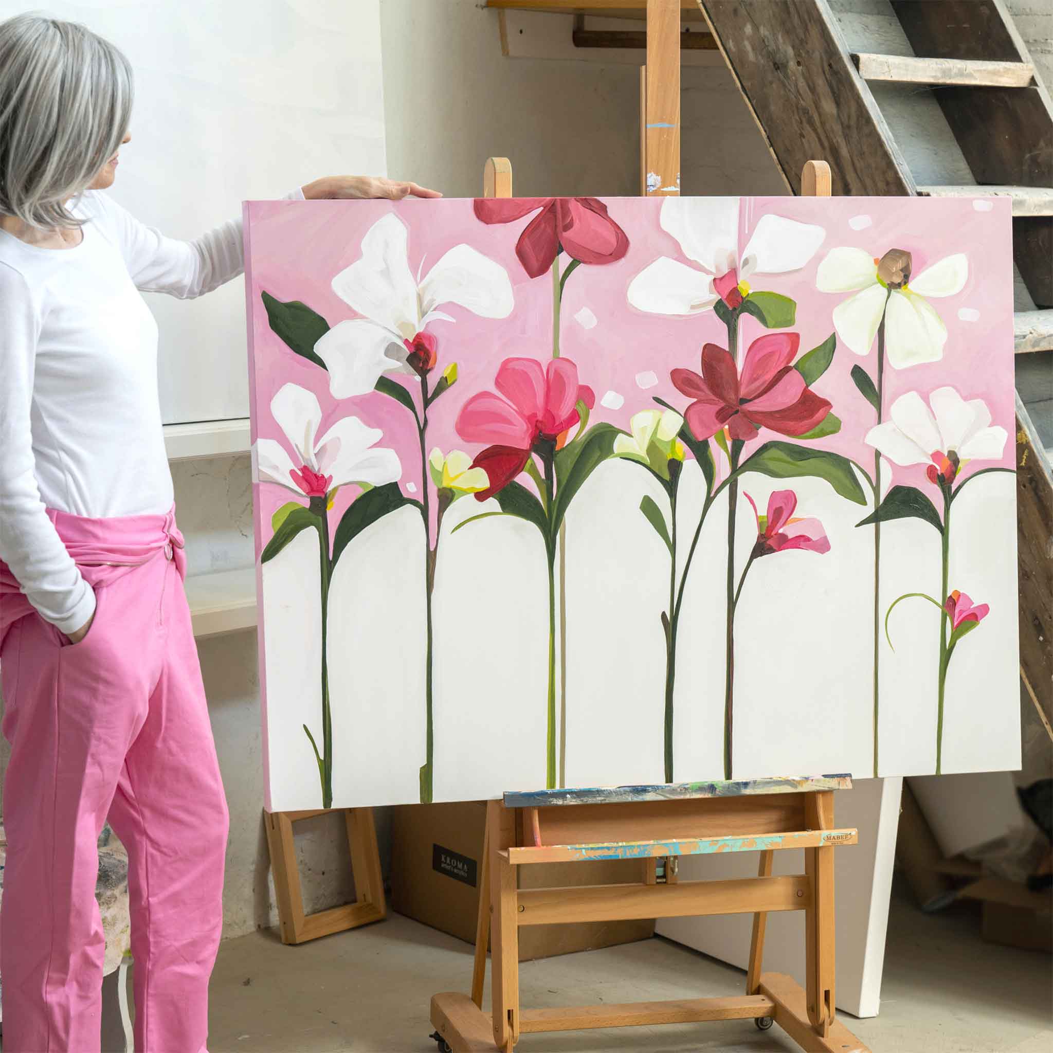 horizontal pink flower painting