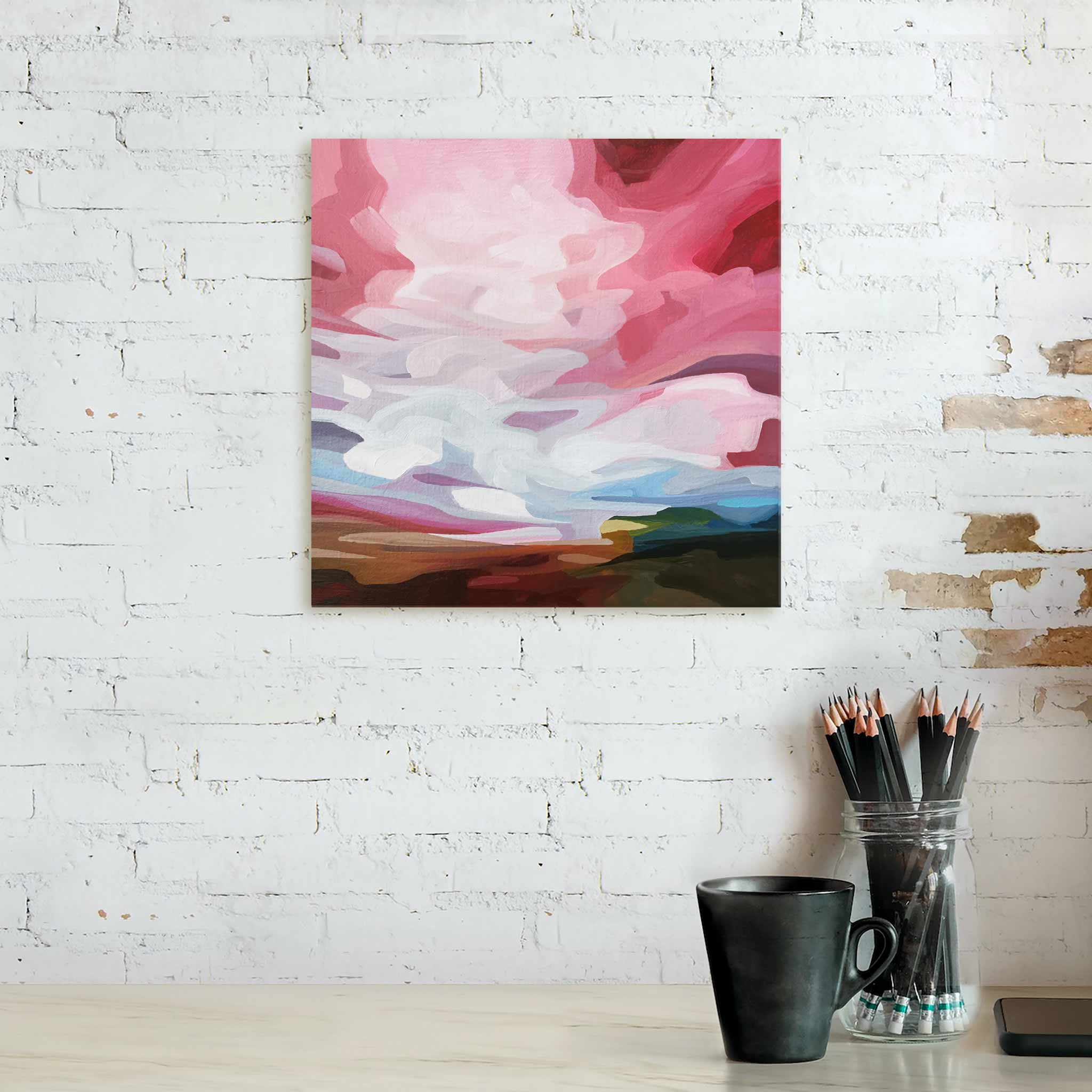 abstract landscape acrylic paintings of dramatic raspberry sky painting on canvas