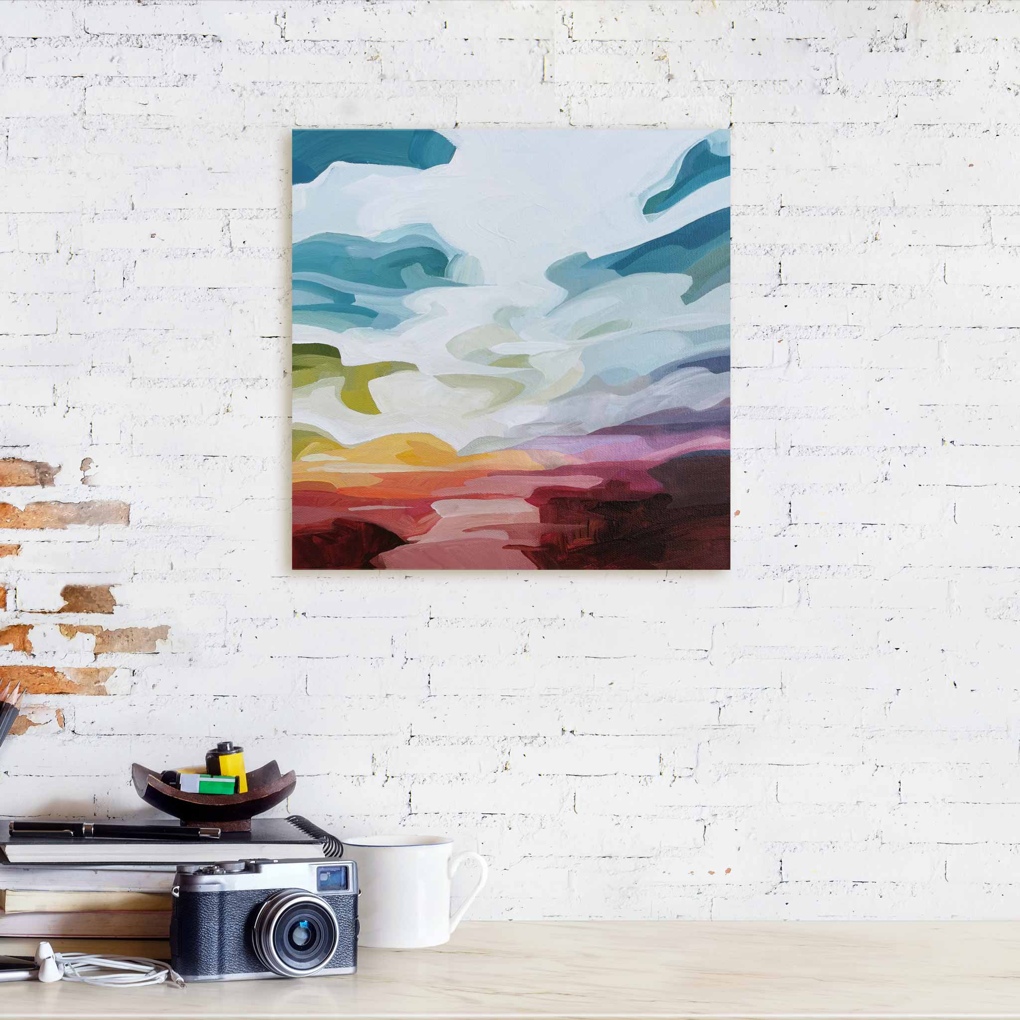 original painting on canvas of colorful sunset sky over red ground landscape acrylic paintings