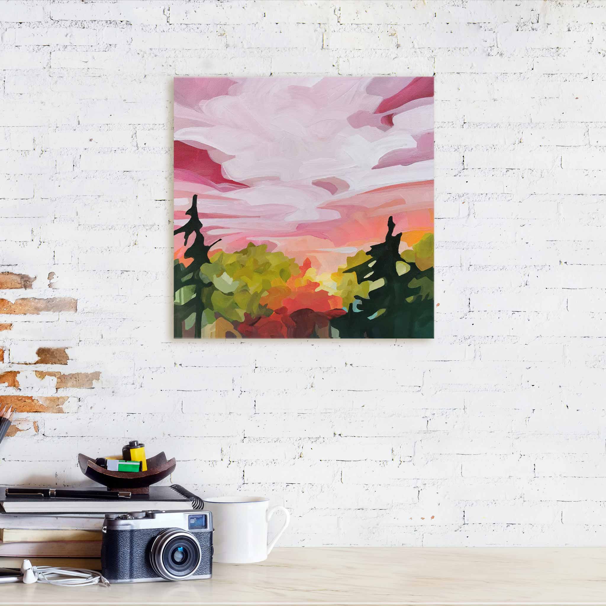 vibrant autumn pink sky landscape acrylic paintings sunset treeline painting on canvas