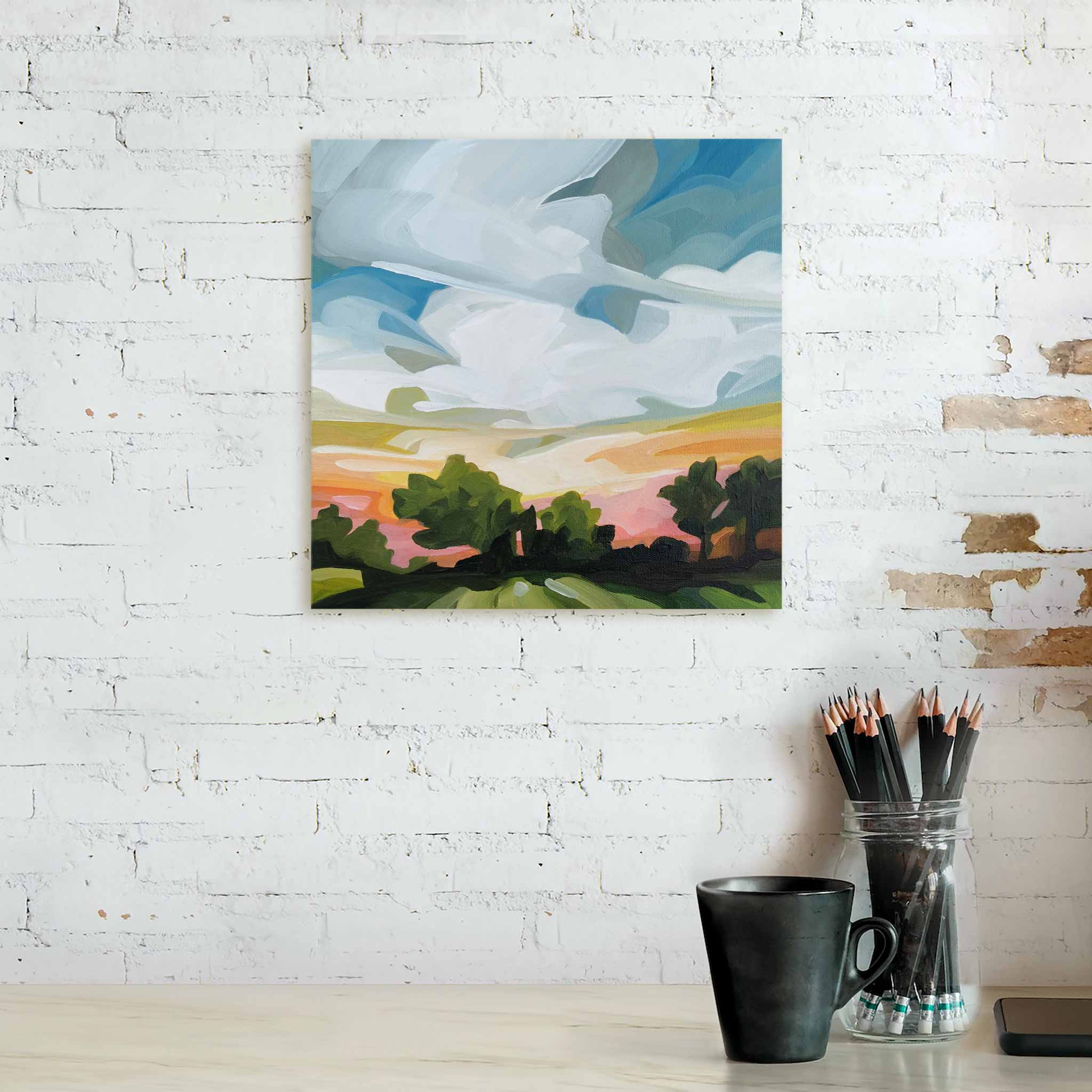 stunning landscape acrylic paintings with setting sun over a treeline painting on canvas