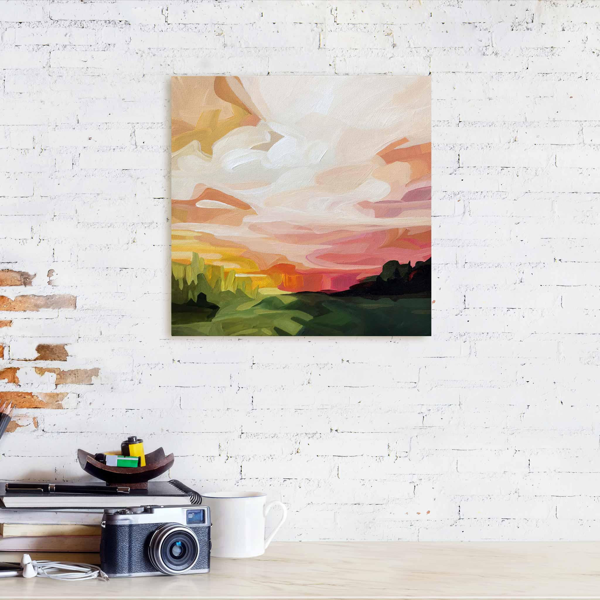 landscape acrylic paintings with vibrant pink peach cloud-filled sky painting on canvas