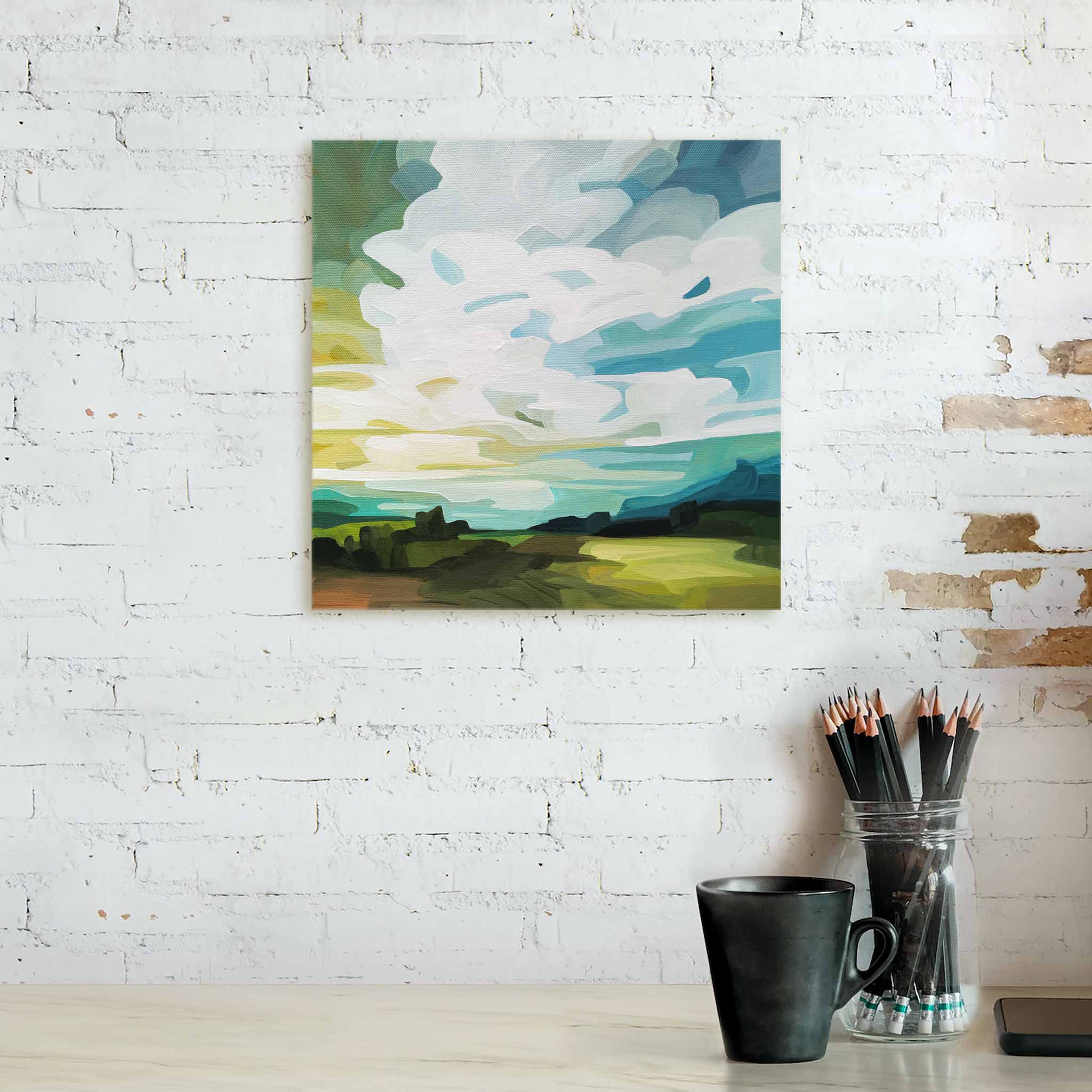 landscape acrylic paintings with turquoise sky and fresh green landscape original painting on canvas