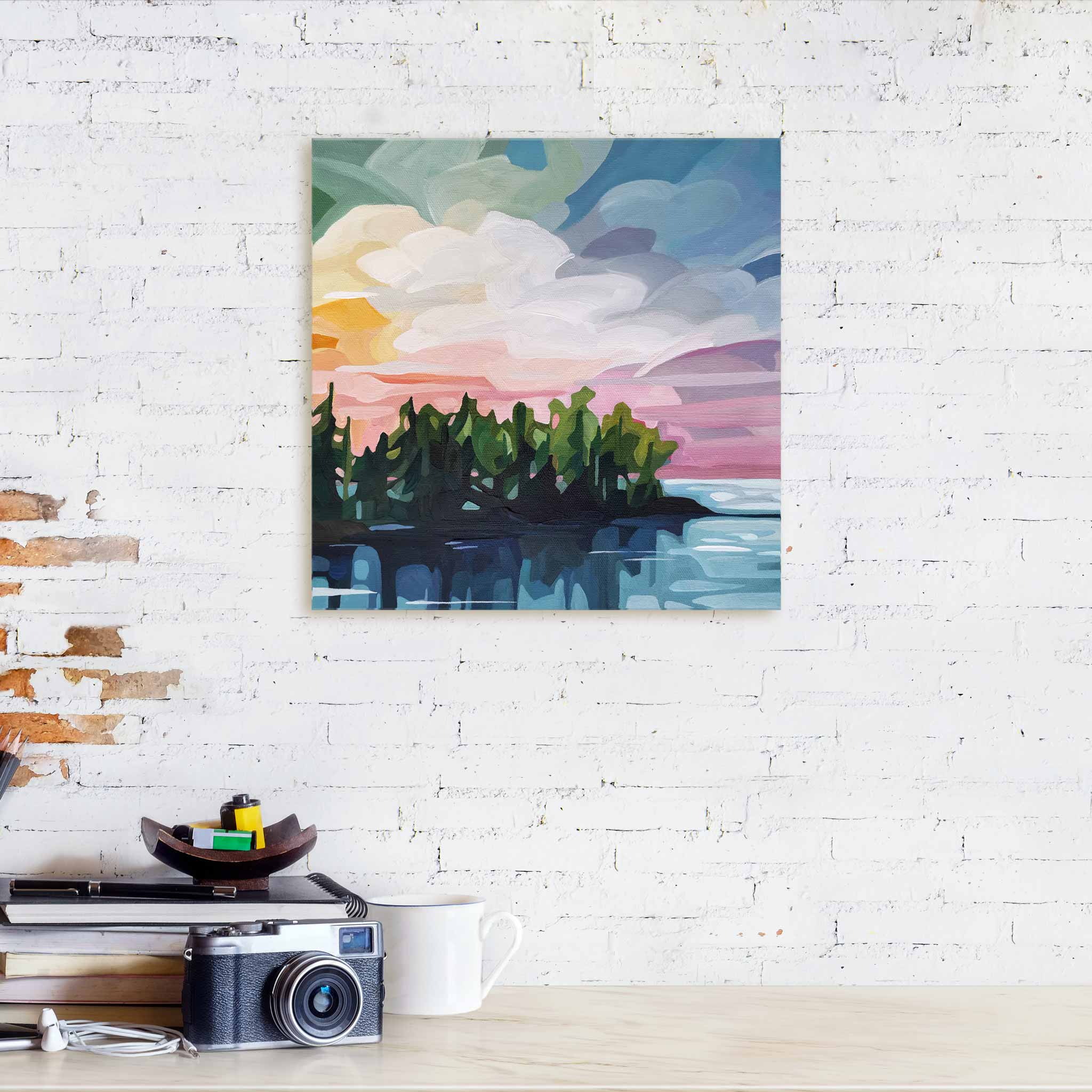 landscape acrylic paintings with forest and pastel colourful sunset sky painting on canvas