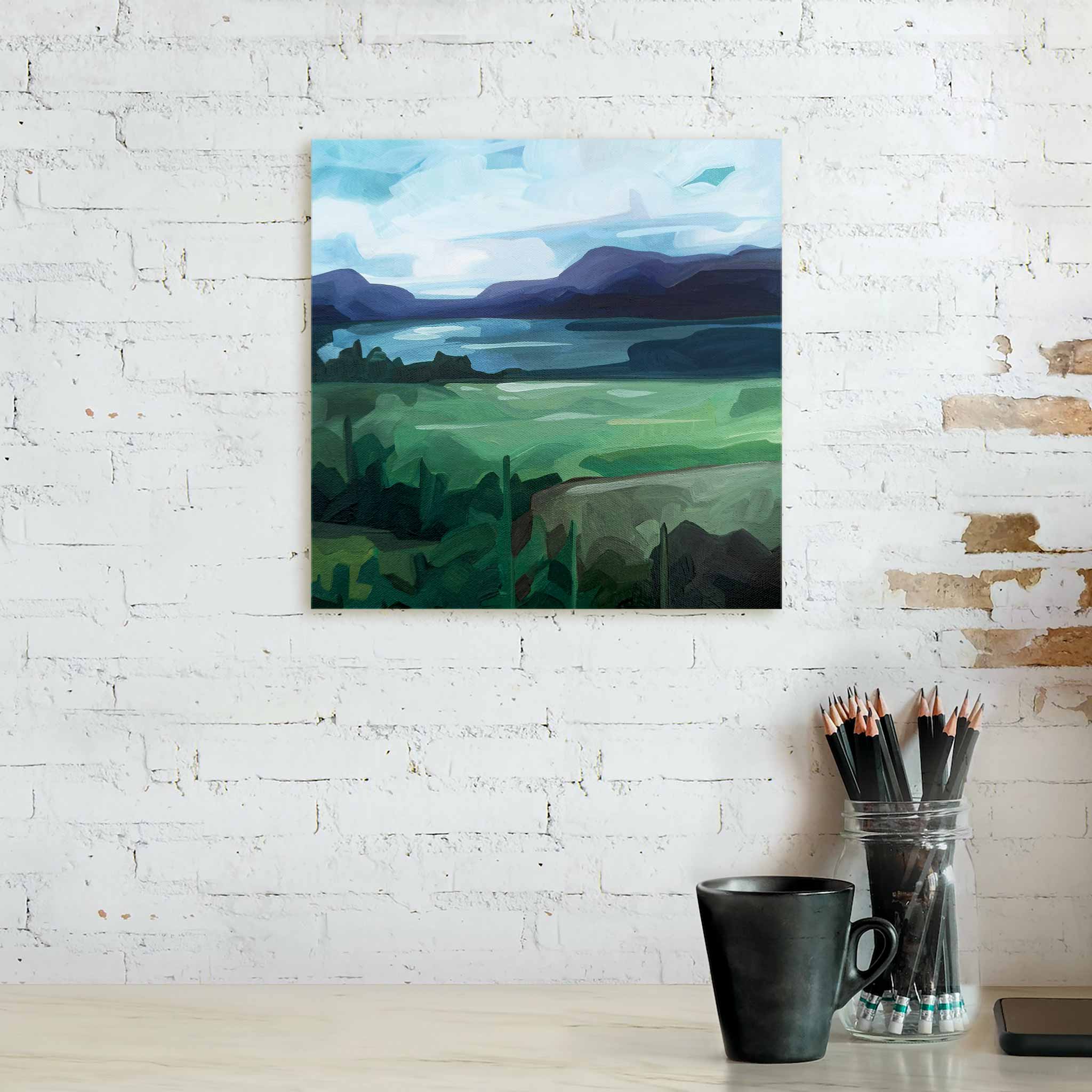 landscape acrylic paintings of green fields and mountain painting on canvas