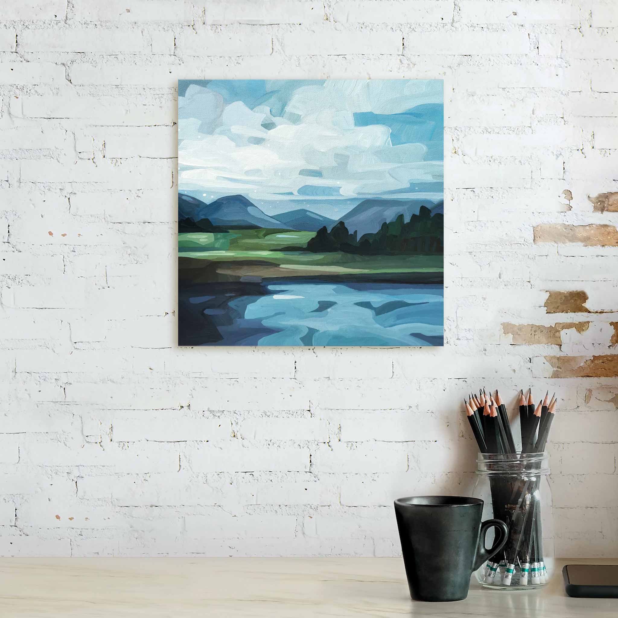 landscape acrylic paintings of green fields a lake view and blue summer sky painting on canvas