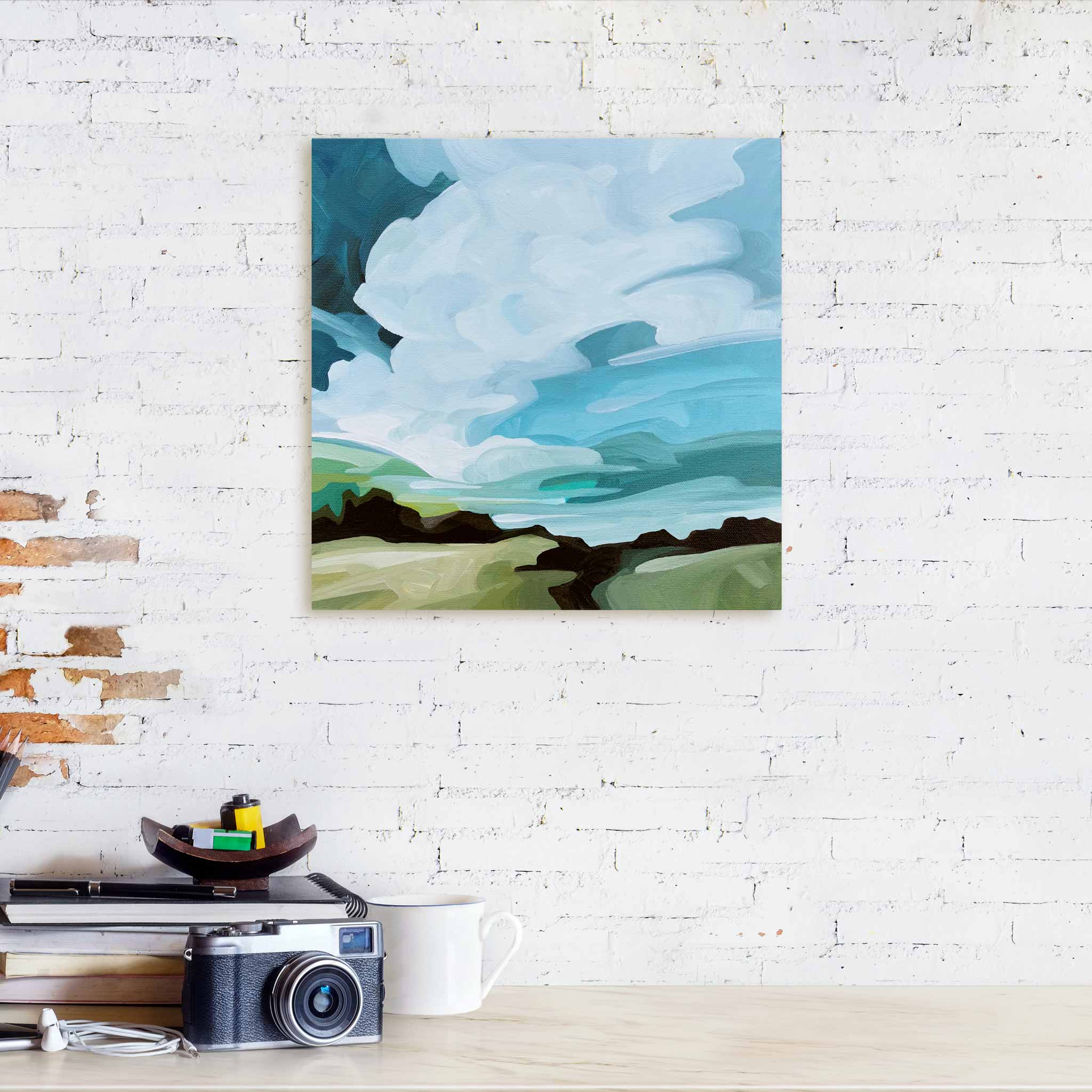 fresh spring landscape acrylic paintings with big blue sky over green fields painting on canvas