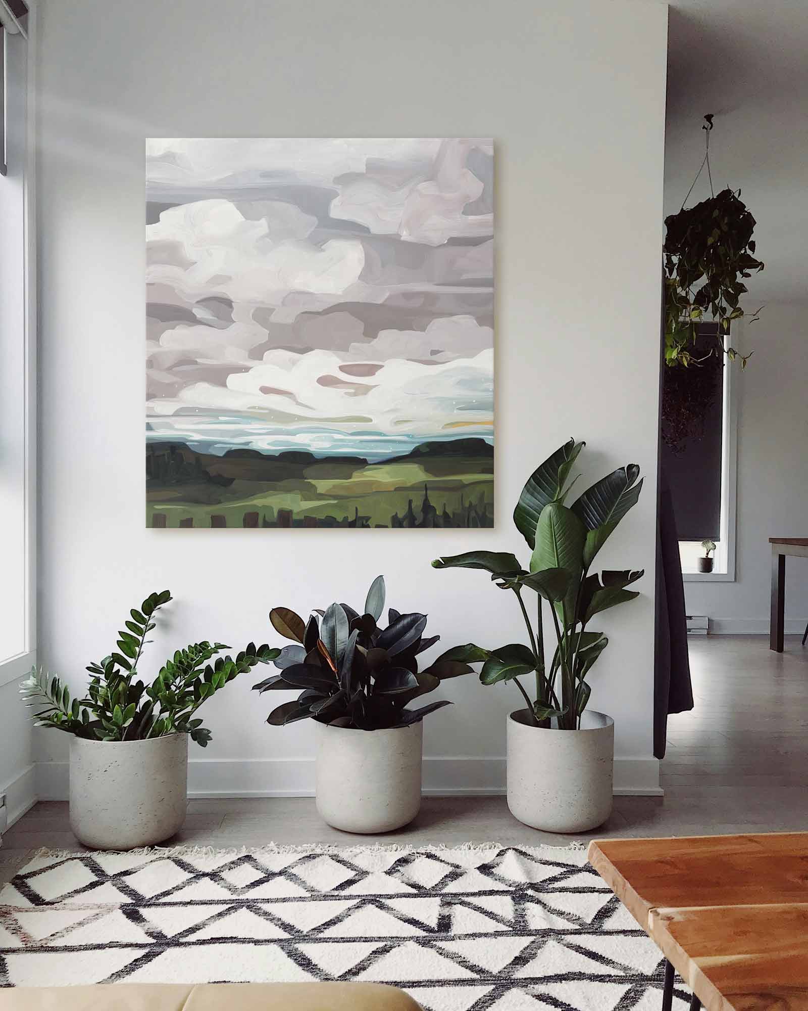 abstract landscape large canvas wall art in entryway