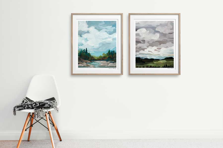 wall art set of art prints of sky paintings with grey abstract sky and painting of forest by a lake