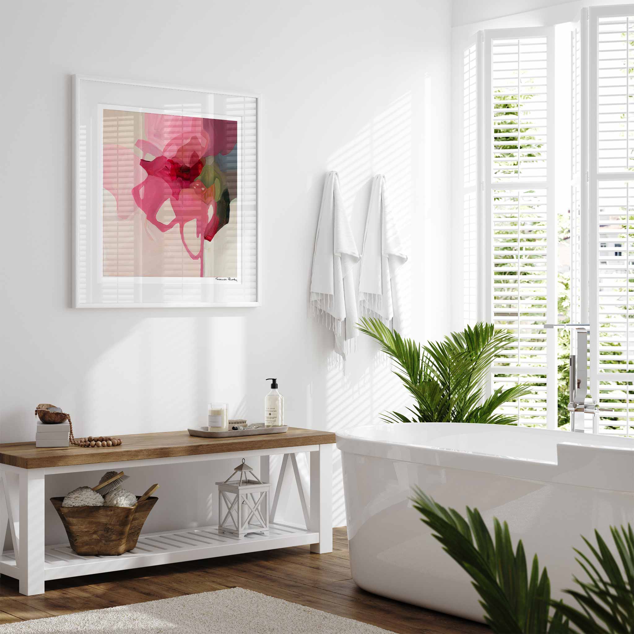 pink floral abstract wall art print in bathroom
