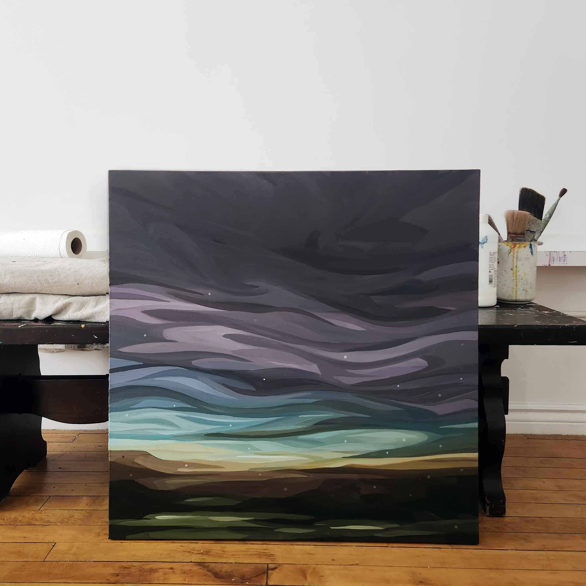 shimmering abstract purple sky painting