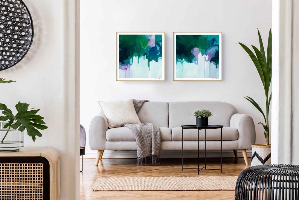 wall art set of abstract art prints over sofa