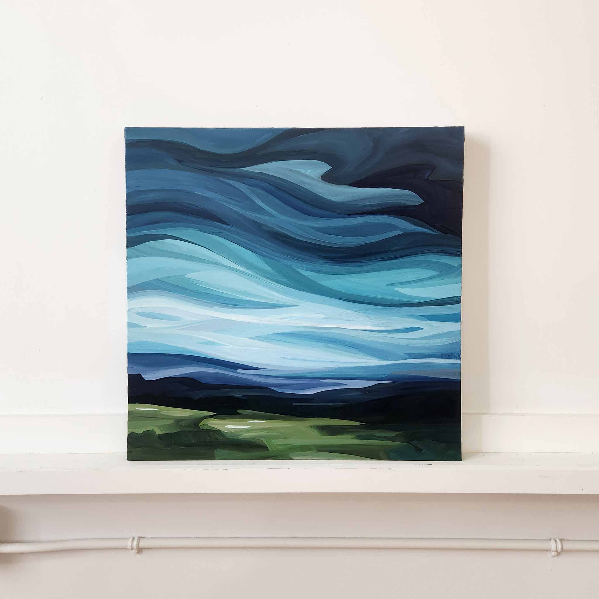 windy abstract blue sky painting 24x24