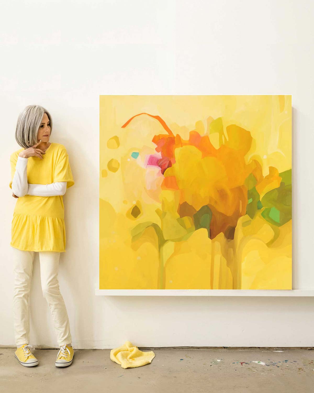big yellow abstract painting with Canadian artist Susannah Bleasby