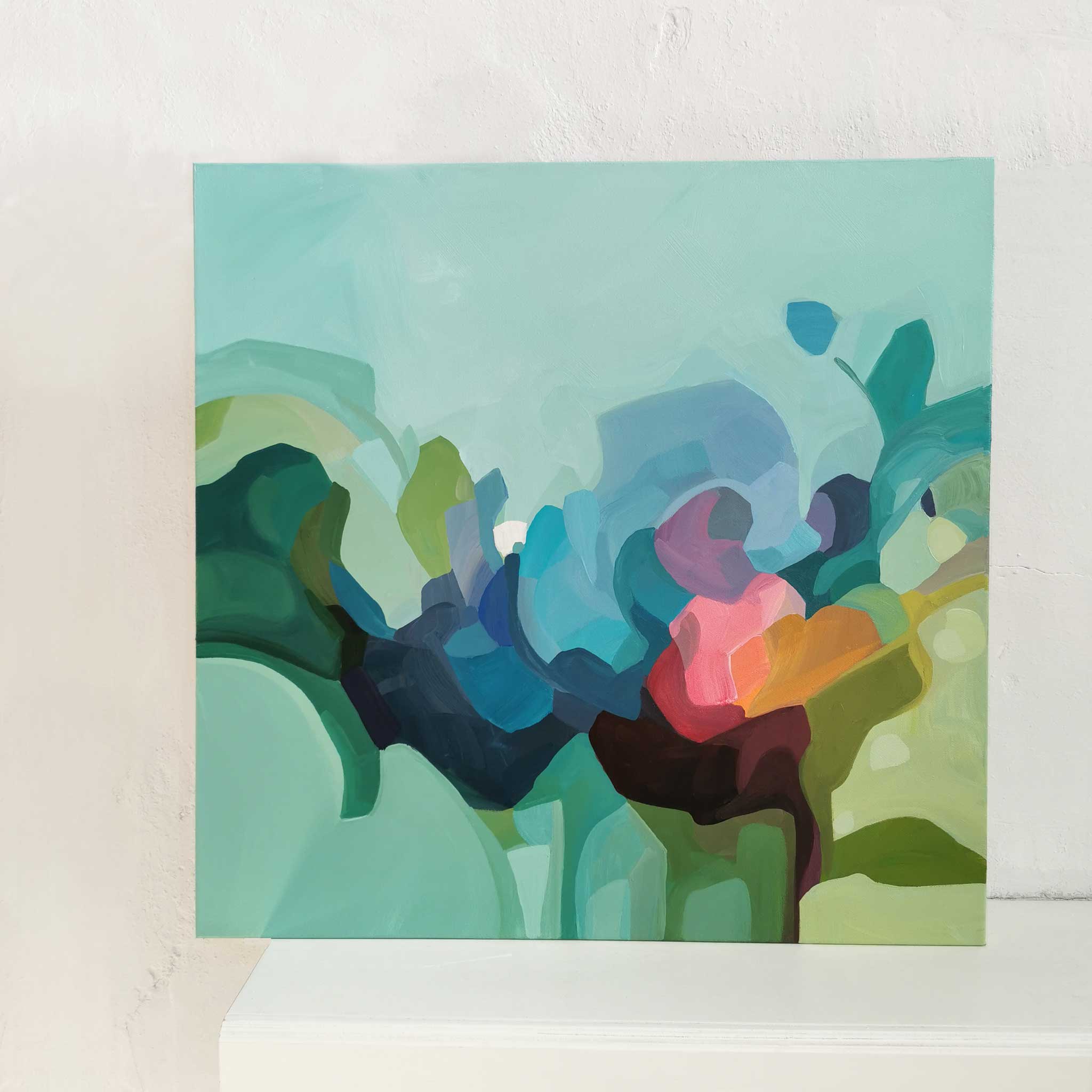 mint green abstract painting with acrylics original art for sale