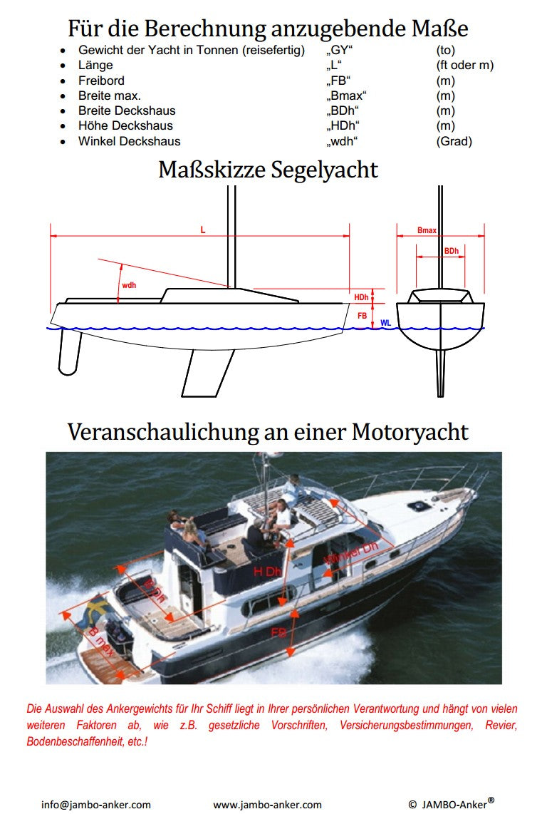 Segelboot und Motorboot Skizze mit veranschaulichten Maßen