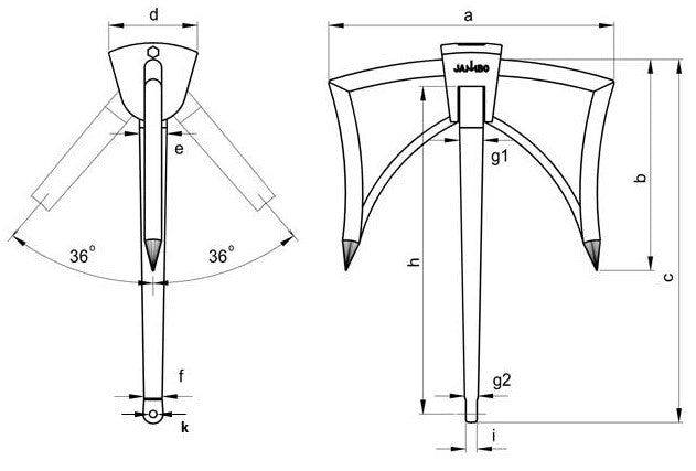 Technische Zeichnung Jambo Anker Seitenansicht und Draufsicht