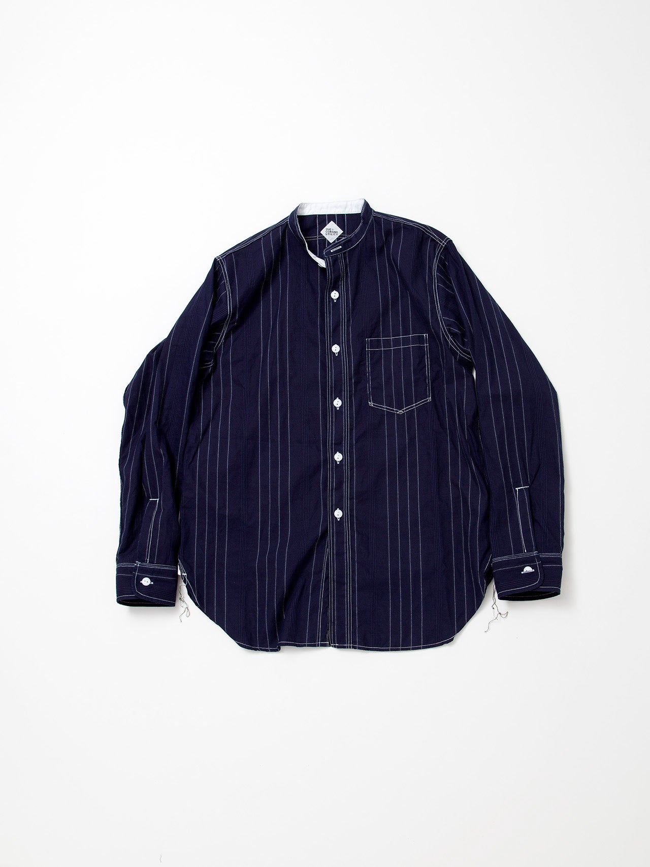 CS099 - CORONA・NAVY 1pocket Band Collar Shirt / Dobby Stripe - White o ...