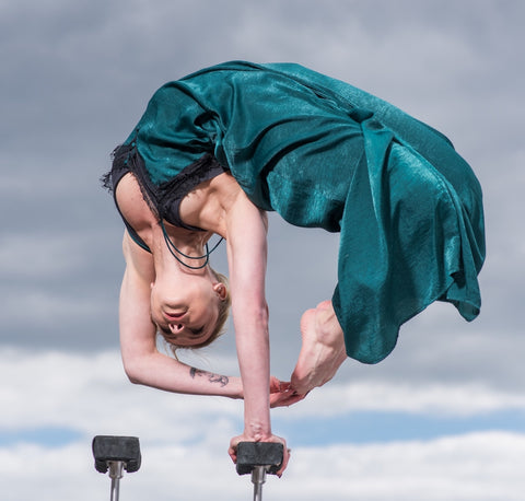 contortionist hand balancing on canes