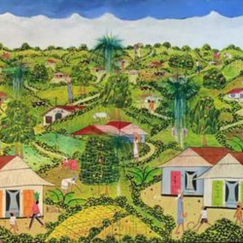 painting of houses and fields