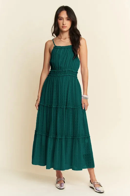 Davi & Dani Texture Swiss Dot Ruffle Square Neck Midi Dress