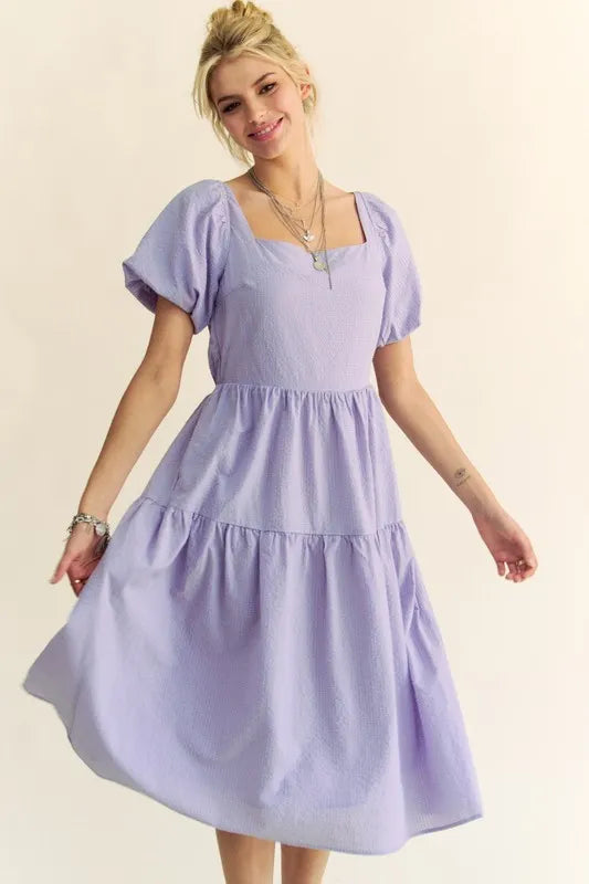 Davi & Dani Textured Fabric Short Puff Sleeve Midi Dress