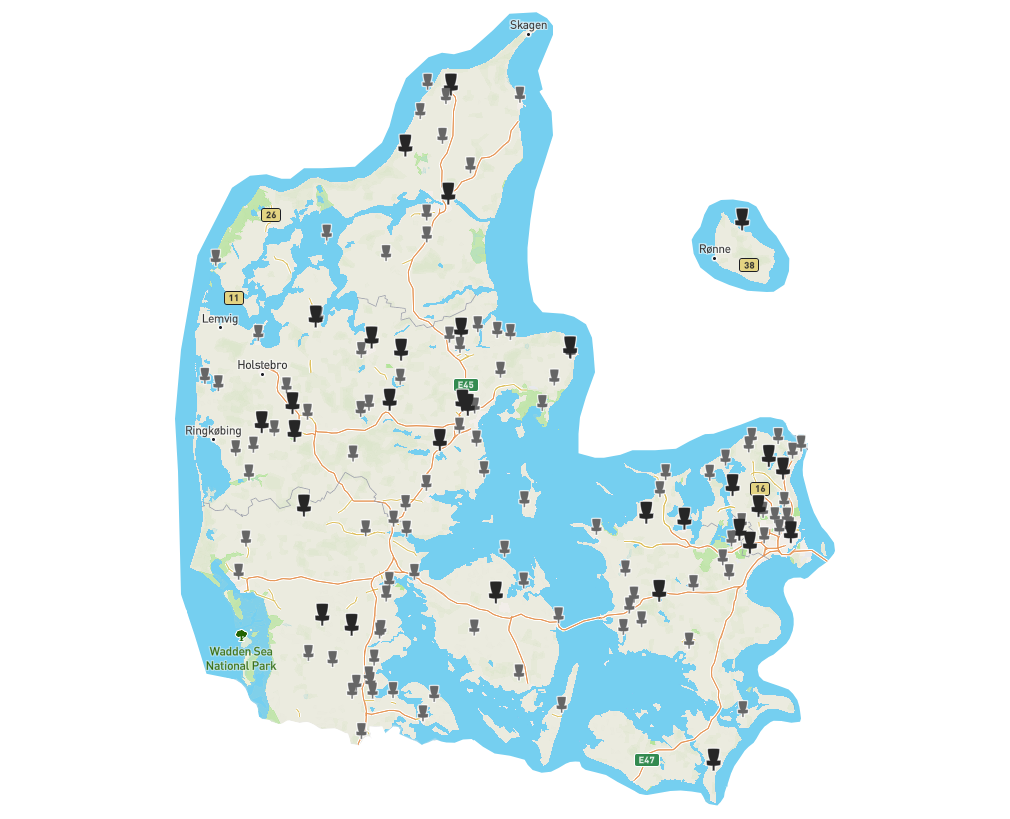 Kort over Discgolf baner i Danmark