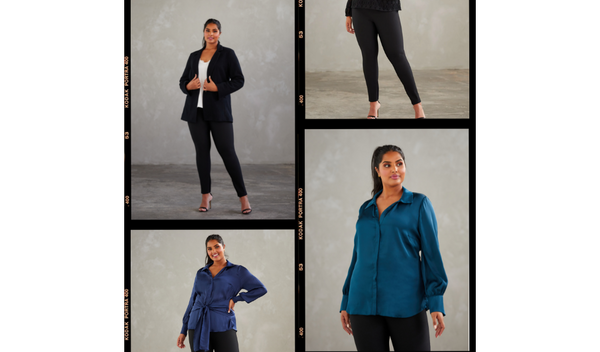 Pictured a grid with four images containing our model Shanaya. The top left image: she is wearing the Homeland black blazer over the top of a white top. The bottom left image: the model is wearing the Ryder Wrap Shirt - a light navy blue long sleeve blouse with a tie front. The Top right image: our model is wearing the Nero Leggings - black leggings that feature a zip on the ankle . The bottom right image: our model is wearing the Ryder Wrap Shirt in Teal - a long sleeve blouse. 