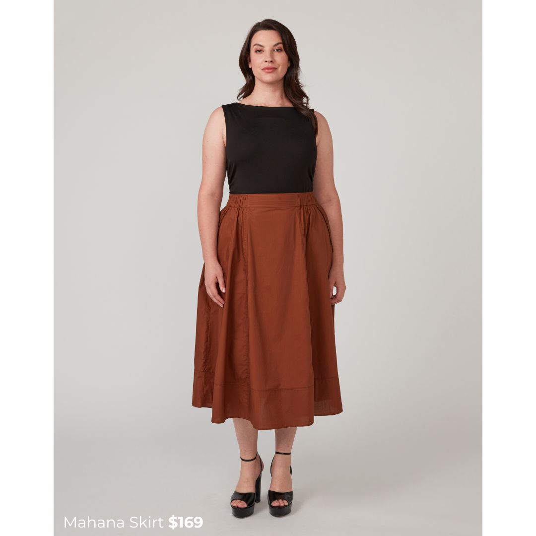 Plus Size Brown Midi Skirt & Black Bodycon Singlet