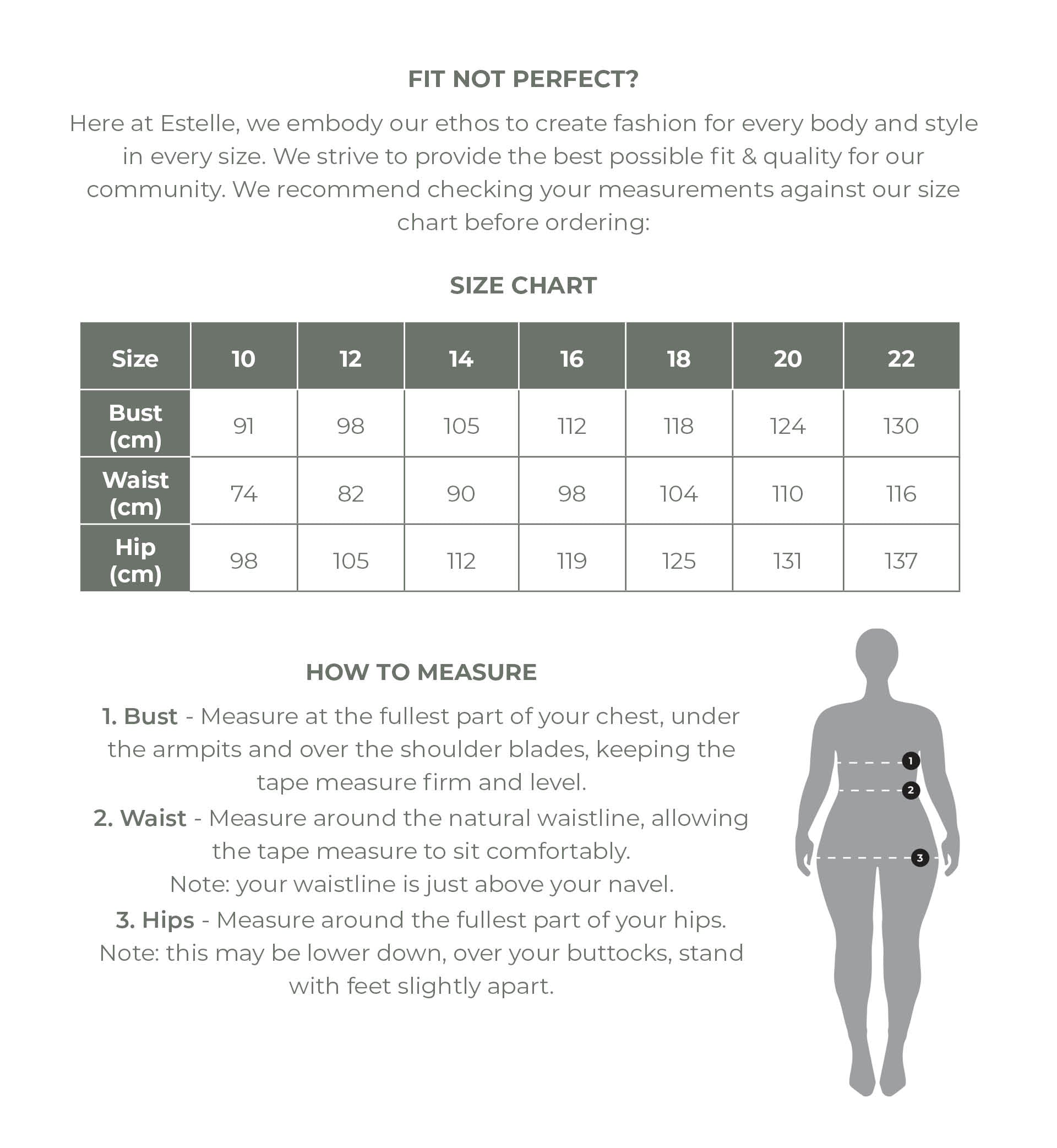 Estelle Size Guide | Find your perfect fit when shopping womenswear in Australia