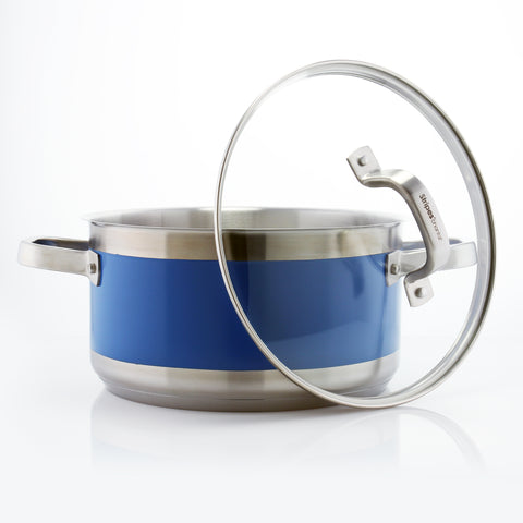 blue stripes 6 quart stock pot with lid on white background