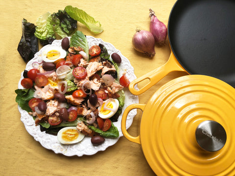 Ensalada de salmón con caléndula, juego de 3 piezas de hierro fundido amarillo