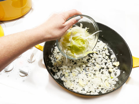 adding leeks to 4 quart cast iron saute skillet