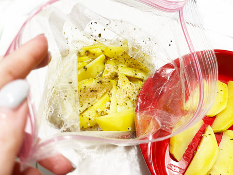 potatoes and marinade in plastic bag before going into ceramic bakeware