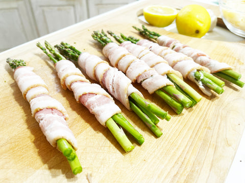 asparagus wrapped in bacon before cooking in id 21 fry pan