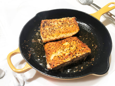 salmon cooked in 10 inch marigold cast iron skillet